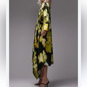 Topshop watercolor floral gathered long sleeve shift dress women’s large 8-12